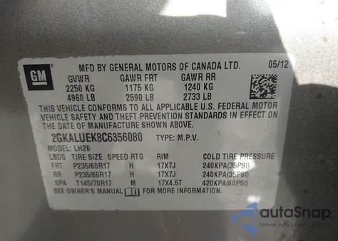 2012 GMC Terrain Slt-1 z USA, uszkodzony, nr VIN 2GKALUEK8C6356080